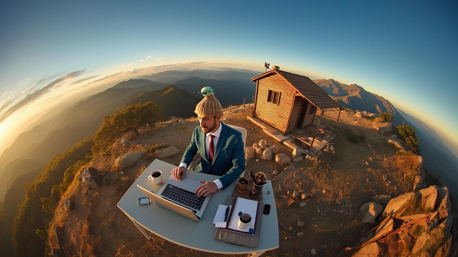 Homem no trabalho remoto em cidade tranquila, cercado por natureza, simbolizando liberdade, baixo custo e melhor qualidade de vida.