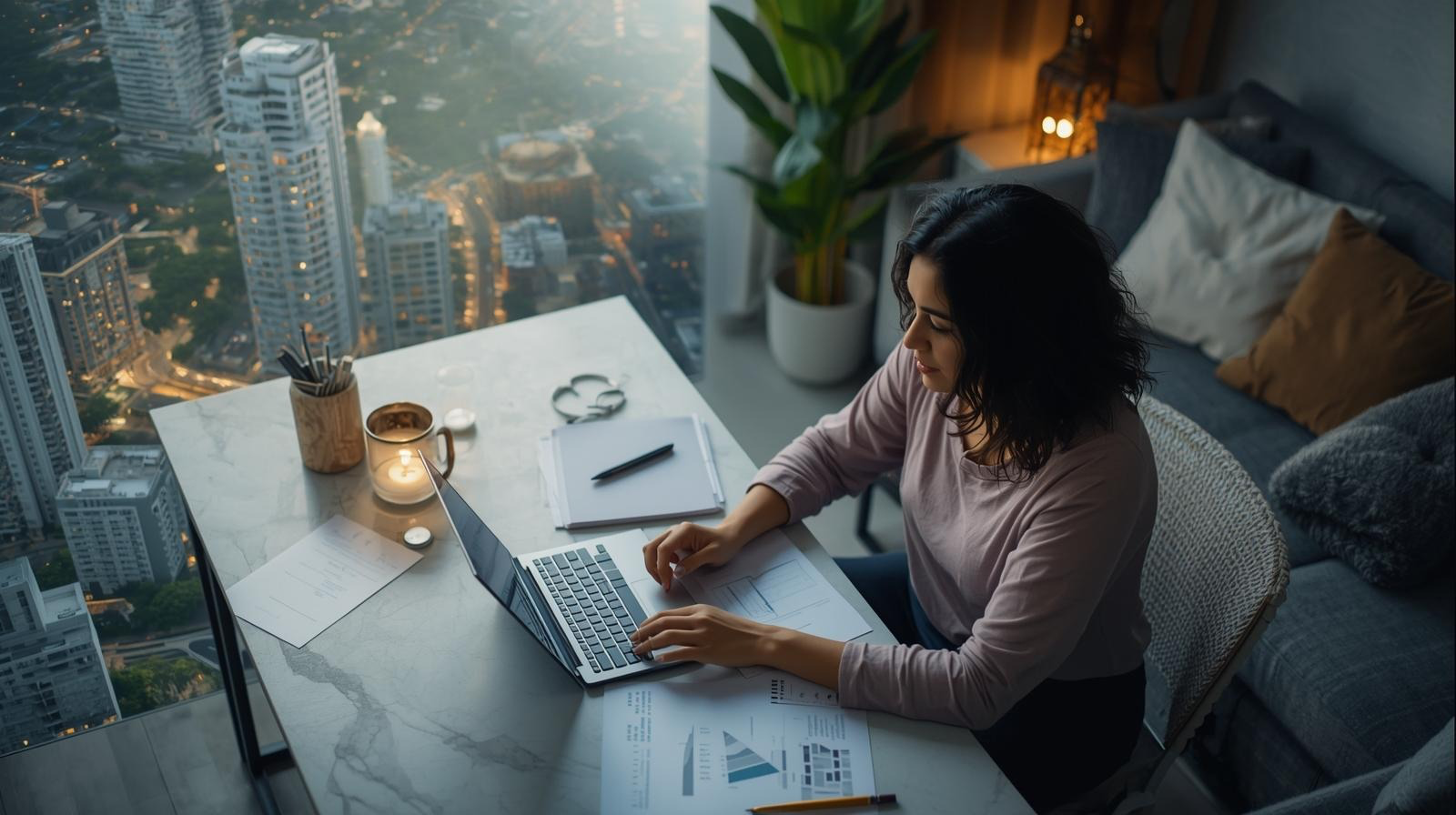  Mulher analisando planilhas em uma mesa, simbolizando planejamento financeiro realista para viabilizar a liberdade geográfica do trabalho remoto, com foco em economia e poupança.