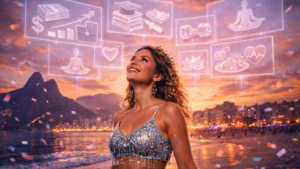 Mulher jovem brasileira curtindo o Carnaval na praia do Rio de Janeiro, olhando símbolos representando suas metas, com expressão otimista para realização no pós Carnaval 2026.