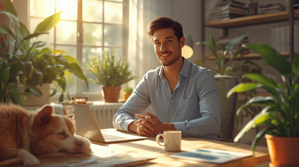 Homem CEO trabalhando em home office, ambiente aconchegante unindo conforto doméstico e seriedade profissional na rotina de trabalho remoto.