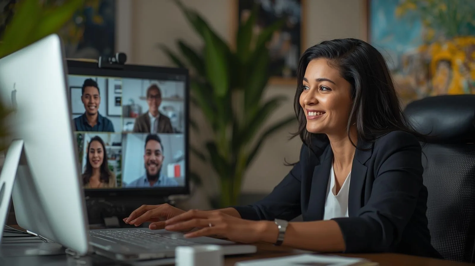 CEO mulher em home office em videochamada com a equipe, momento descontraído e humanizado que fortalece a cultura da empresa e a liderança remota.