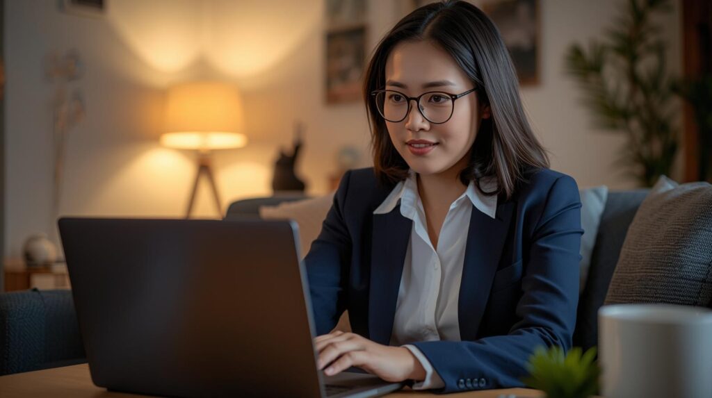 mulher Consultora de Vendas trabalhando home office em um ambiente domestico aconchegante e com roupas confortável que transmite seriedade contexto brasileiro