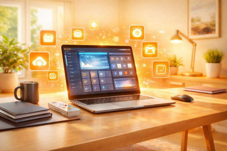 espaço home office com aplicativos representando 7 aplicativos gratuitos para trabalhar home office – imagem gerada com apoio de I.A.