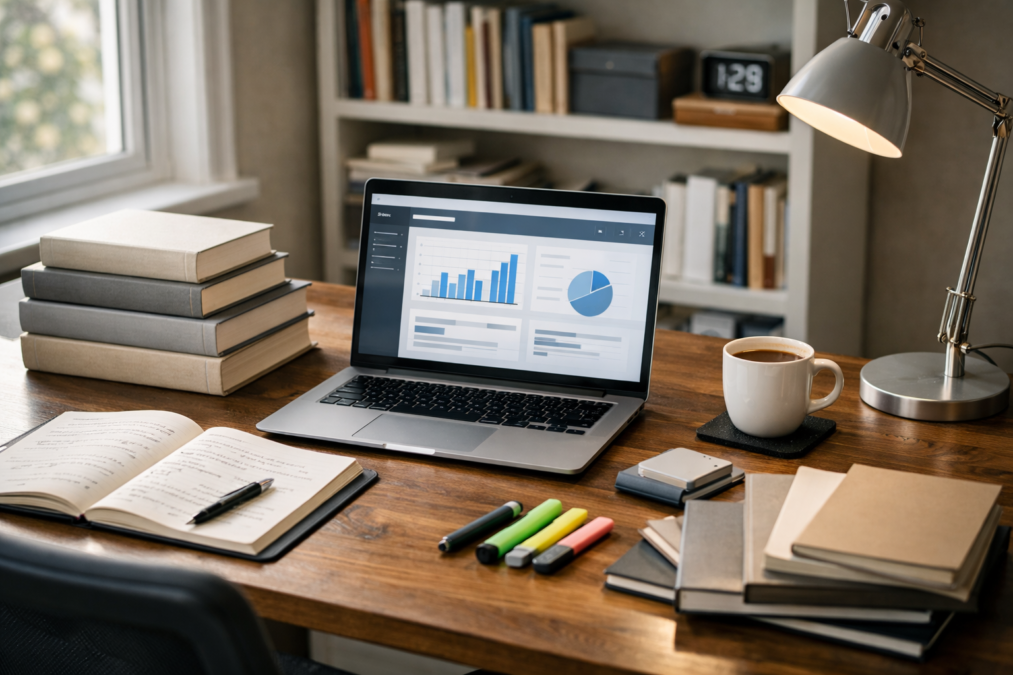 mesa de estudo para guia de estudo concurso público home office – imagem gerada com apoio de I.A.