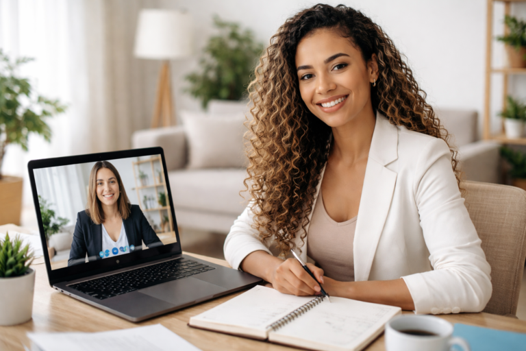 mulher durante entrevista de emprego home office — imagem gerada com apoio de I.A.