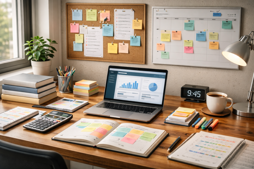 canto de estudos organizado para seguir um guia de estudo concurso público home office – imagem gerada com apoio de I.A.