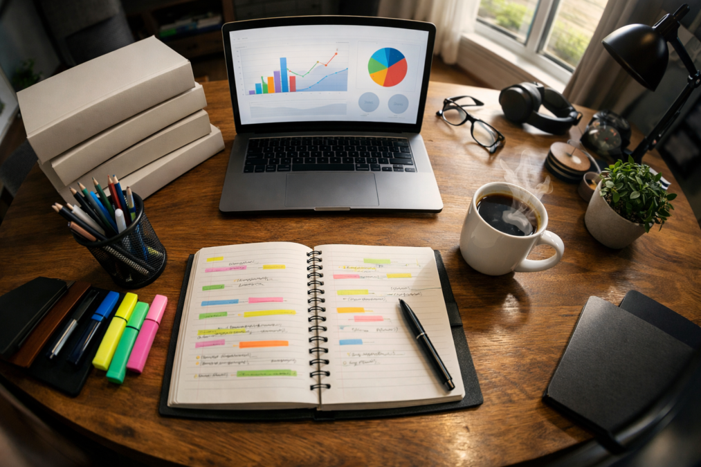 mesa de estudos organizada para preparação de concurso público home office — imagem gerada com apoio de IA.