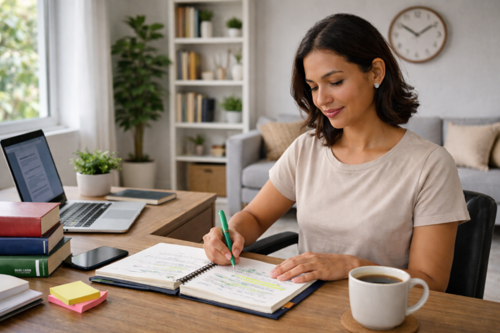 mulher estudando para concurso público home office — imagem gerada com apoio de I.A. 
