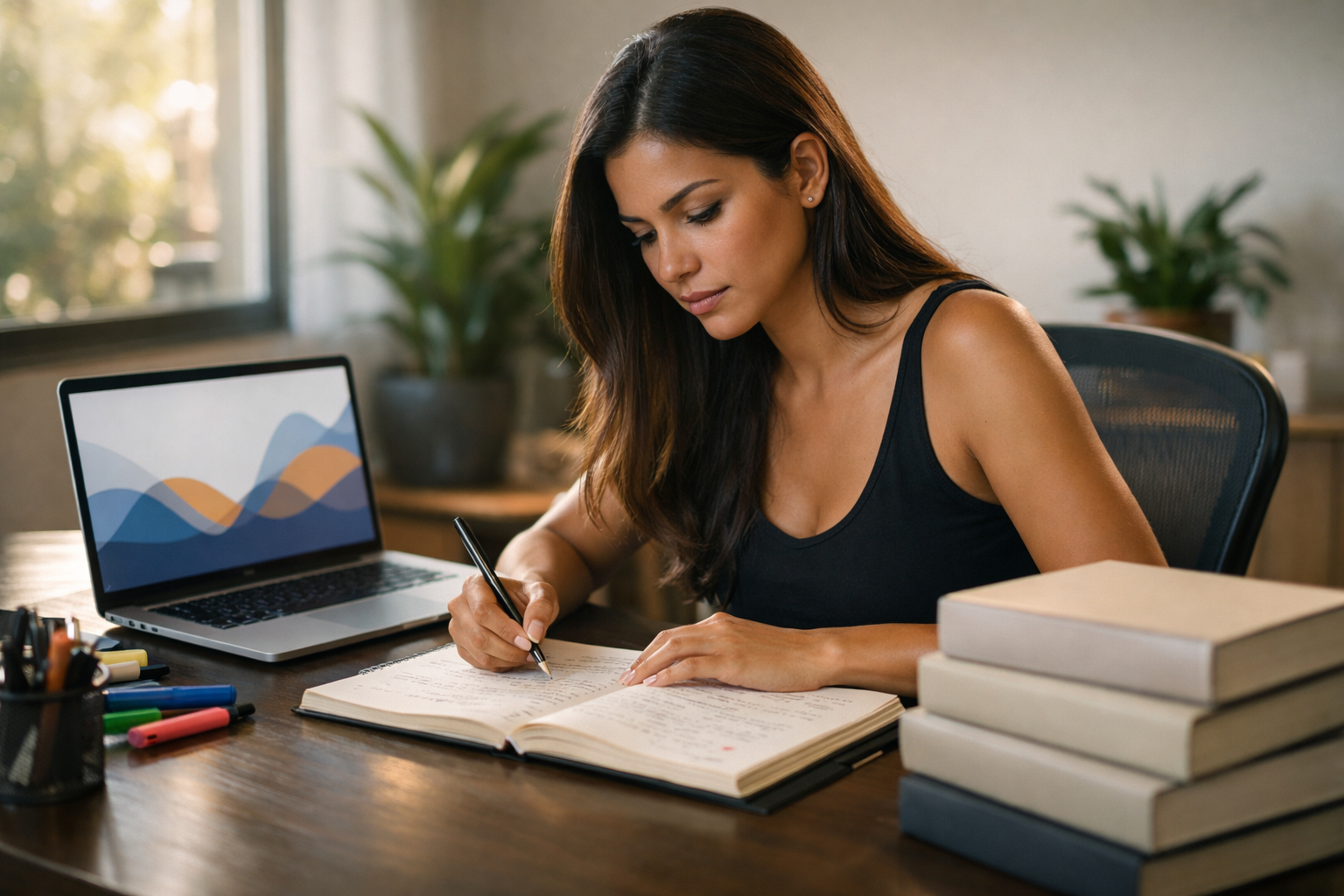 mulher estudando para prova seguindo o guia de estudo concurso público home office– imagem gerada com apoio de I.A.