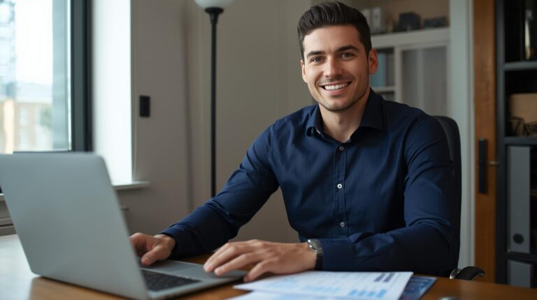 homem Executivo de Vendas trabalhando home office sorrindo em um ambiente domestico com roupa confortável que transmite seriedade