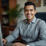 homem Executivo de Vendas trabalhando home office sorrindo em um ambiente domestico com roupa confortável que transmite seriedade contexto brasileiro