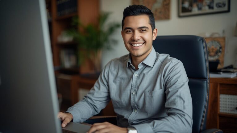 homem Executivo de Vendas trabalhando home office sorrindo em um ambiente domestico com roupa confortável que transmite seriedade contexto brasileiro