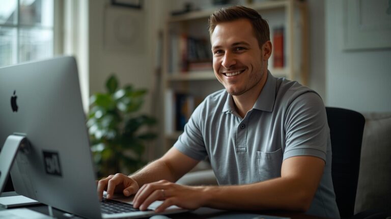 homem assessor de imprensa trabalhando home office sorrindo em um ambiente domestico com roupa confortável que transmite seriedade contexto brasileiro