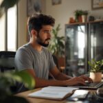 homem brasileiro trabalhando em home office em ambiente aconchegante contexto brasileiro