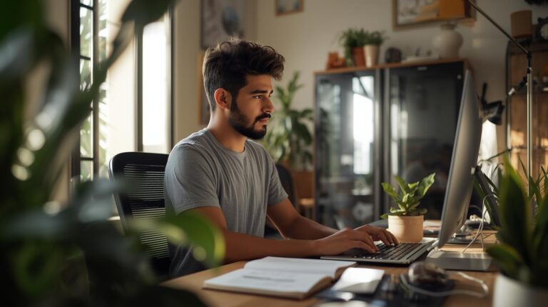 homem brasileiro trabalhando em home office em ambiente aconchegante contexto brasileiro