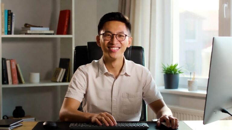 homem em home office sorrindo