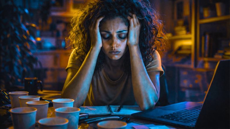 mulher exausta representando desafios do home office – imagem gerada com apoio de I.A.