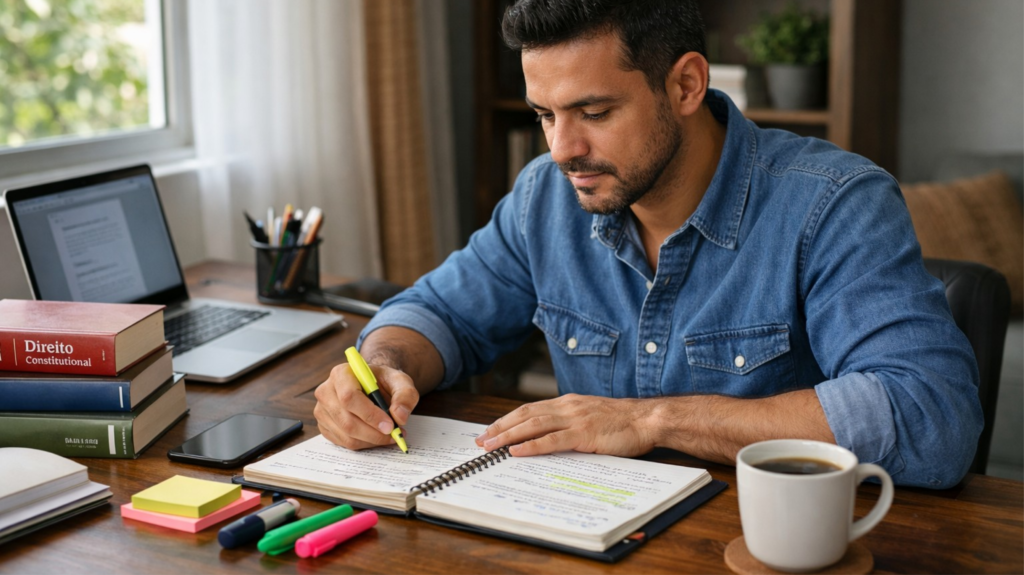 homem estudando para concurso público home office. — imagem gerada com apoio de I.A.