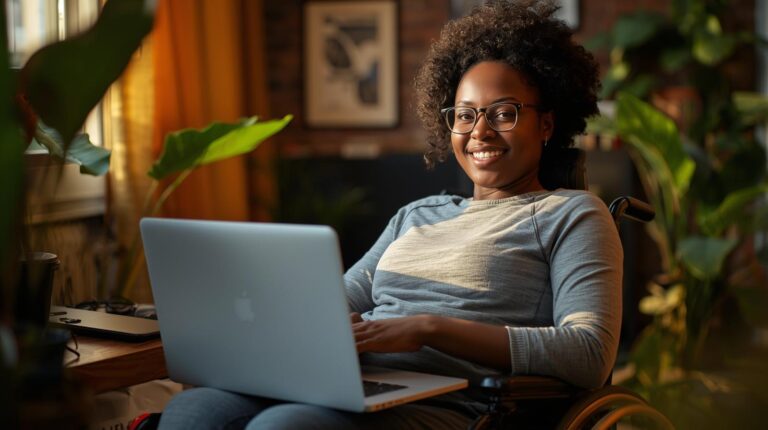mulher cadeirante trabalhando Home Office como Analista de Customer Success Júnior sorrindo em um ambiente aconchegante contexto brasileiro