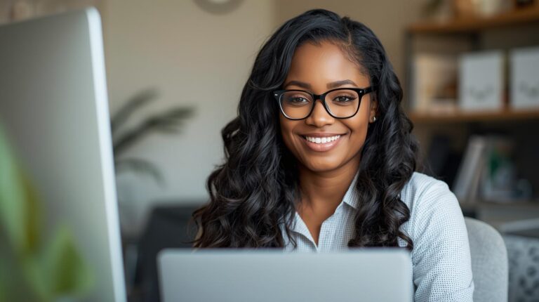 mulher negra de óculos sorrindo trabalhando Home Office como Executiva de Contas (1)