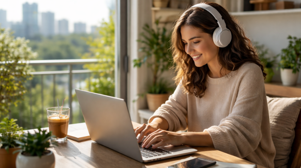 Mulher trabalhando em apartamento moderno Geração Z