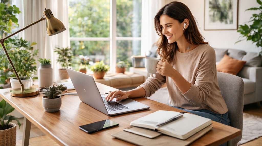 Mulher trabalhando em home office