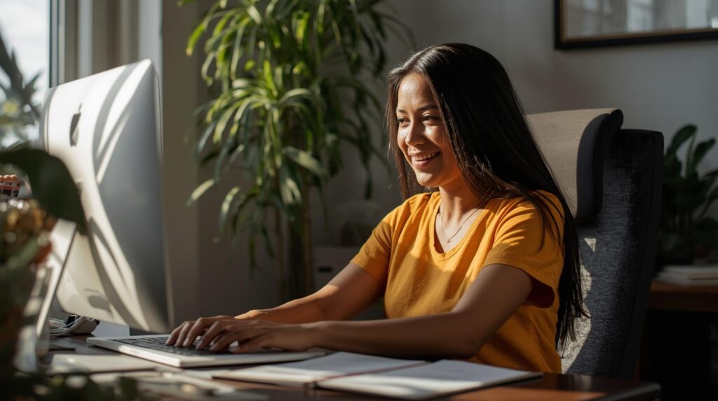 Pessoa feliz trabalhando em home office, brasileiro ou brasileira