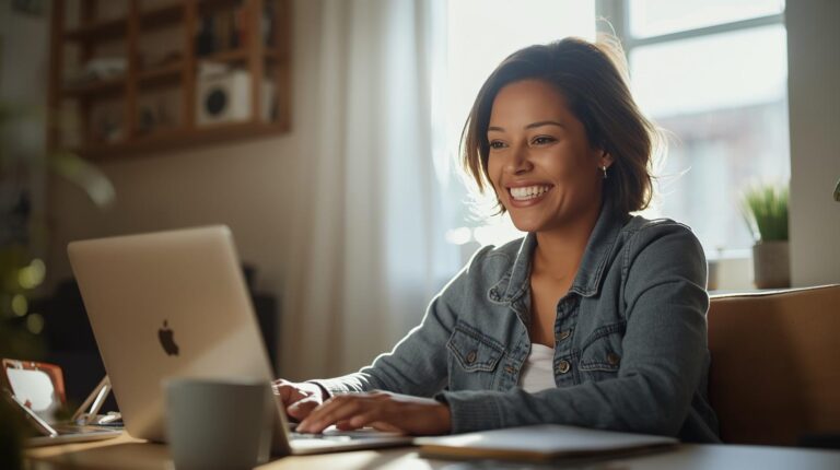 Pessoa trabalhando em home office sorrindo ambiente iluminado e aconchegante (2)