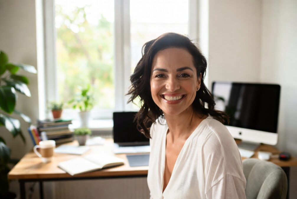 mulher sorrindo em home office