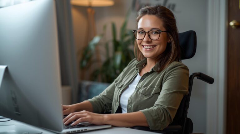 mulher cadeirante trabalhando Home Office como Analista de Customer Success Júnior sorrindo em um ambiente aconchegante contexto brasileiro com aparência que transmite profissionalismo