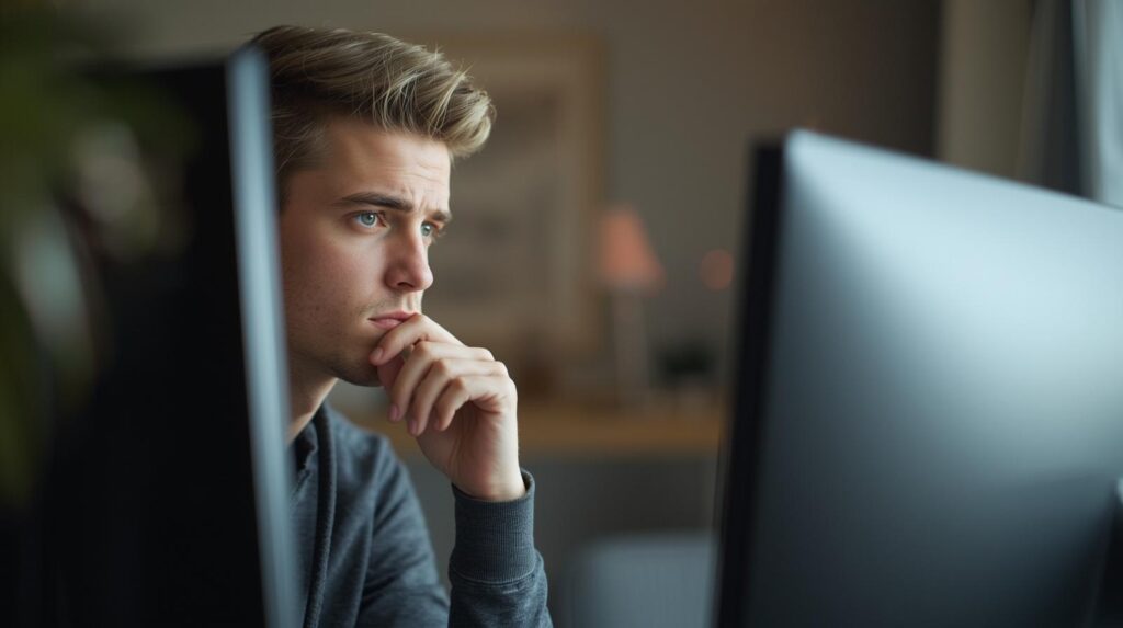 Pessoa jovem em home office pensando