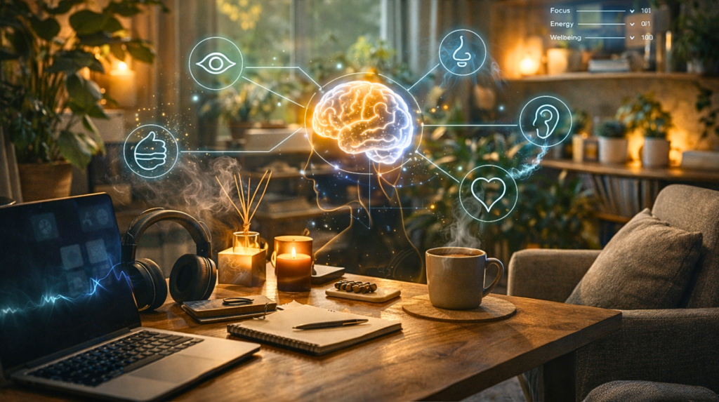 neuroambiente estimulando os 5 sentidos para ser mais produtivo — imagem gerada com apoio de I.A.