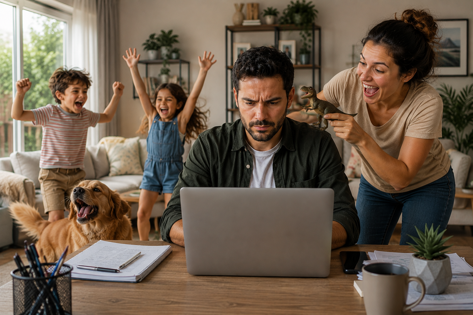 profissional trabalhando home office em ambiente familiar distraído | Crédito: Portal Vou De Home 