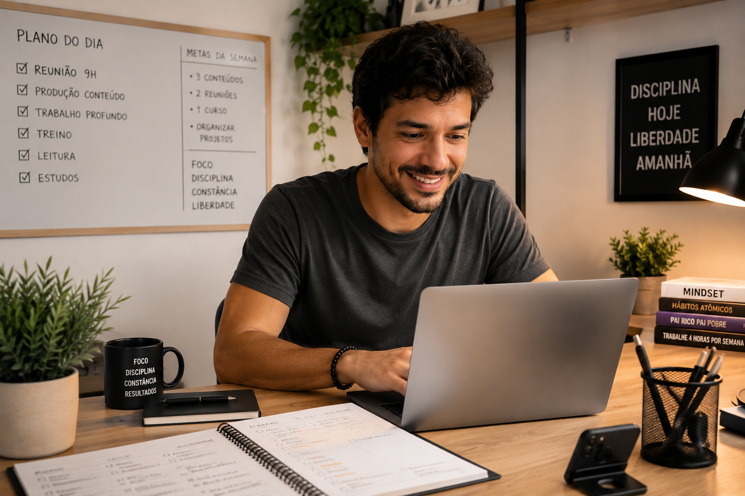 profissional focado trabalhando home office com estrutura de rotina | Crédito: Portal Vou De Home 
