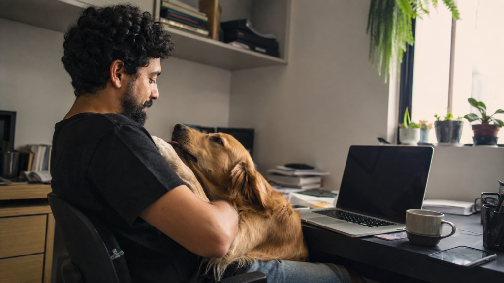 Homem trabalhando em home office com cachorro no colo