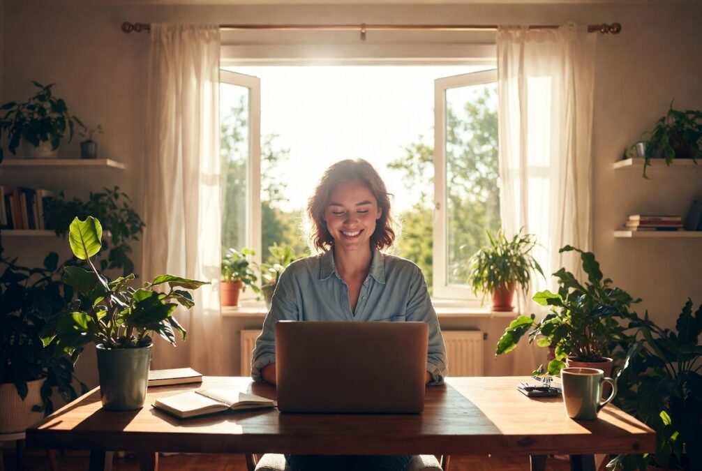 mulher sorrindo em home office