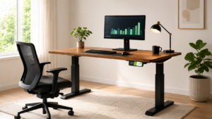 mesa escrivaninha elétrica com regulagem de altura | Créditos: Portal Vou De Home