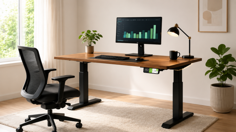mesa escrivaninha elétrica com regulagem de altura | Créditos: Portal Vou De Home